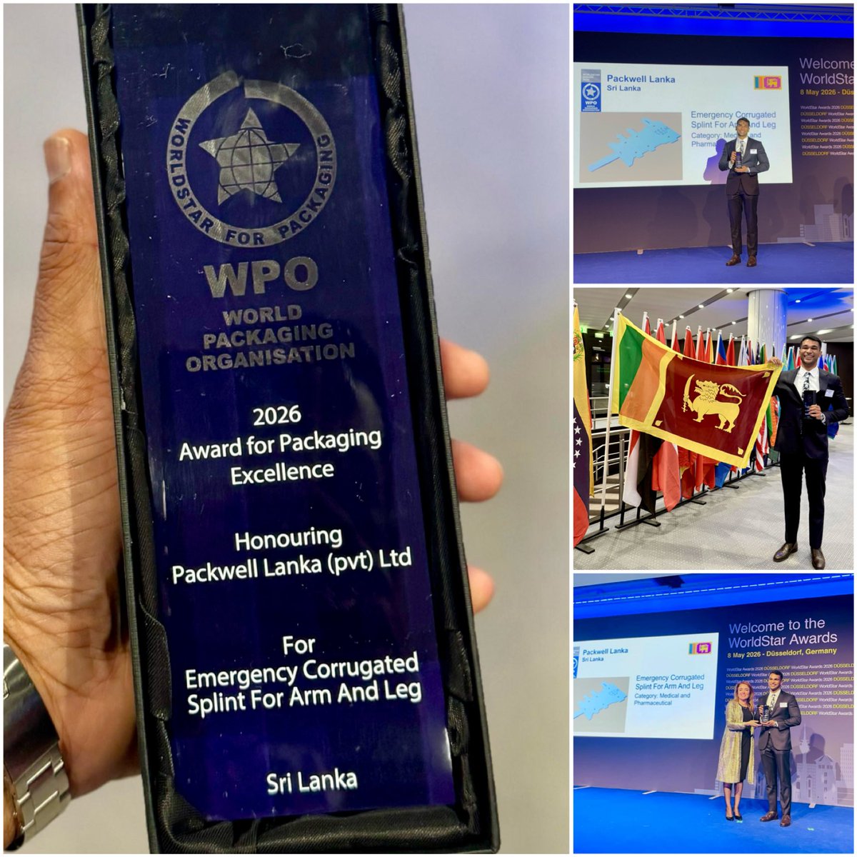 PackwellLanka's tweet photo. We are shining at the World Stage ✨🇱🇰💫
Mr. Arnesh Mathew proudly received the WorldStar Award 2026 for Packaging Excellence in Düsseldorf 🇩🇪
🏆 Category: Medical & Pharmaceutical
Innovation: Emergency Corrugated Splint for Arm & Leg
Second consecutive WorldStar Win for Packwell Lanka !
A big thank you to our team for this global achievement.
#WorldStarAwards2026 #PackwellLanka #SriLanka
