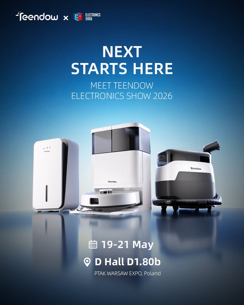 teendow_tech's tweet photo. NEXT STARTS HERE. ⚡️

We’re excited to showcase our latest tech at the Electronics Show 2026 in Poland! 

🗓 May 19-21 📍 Hall D, Booth D1.80b, Ptak Warsaw Expo
Stay tuned for live updates! 🛠️

#Teendow #TechNews #ElectronicsShow #SmartAppliances #Innovation https://t.co/lSouYbcA8m