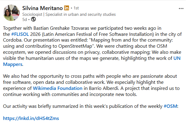 UN_Mappers's tweet photo. Publicado originalmente por Silvina Meritano, embajadora comunitaria de #UNMaps | Reposted from #UNMaps Community Ambassador, Silvina Meritano
#UNMappers #OpenStreetMap #OSMArgentina #Mapping #HumanitarianMapping #Geo #gis #collaborativemapping #communitymapping #opendata https://t.co/TjFY8SwbjX
