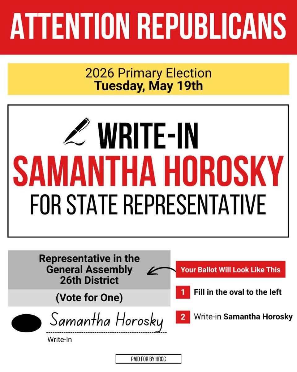 ChesCoGOP's tweet photo. Election Reminder: Write-in Samantha Horosky for Pennsylvania State Representative – 26th District!

Teacher. Mom. Community Advocate.
With 18+ years in education, Samantha is running to bring practical leadership and common-sense solutions to Harrisburg.

✔️ Strong Schools & Local Control
✔️ Affordability for Families & Seniors
✔️ Public Safety & Youth Mental Health
✔️ Responsible Growth & Land Preservation
✔️ Parental Voice & Common-Sense Values

Proud to support families, students, and the future of our communities.