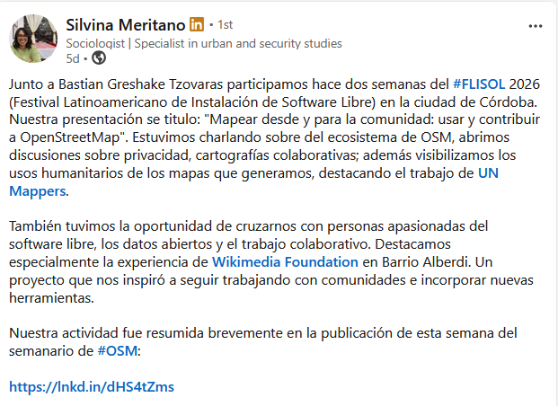 UN_Mappers's tweet photo. Publicado originalmente por Silvina Meritano, embajadora comunitaria de #UNMaps | Reposted from #UNMaps Community Ambassador, Silvina Meritano
#UNMappers #OpenStreetMap #OSMArgentina #Mapping #HumanitarianMapping #Geo #gis #collaborativemapping #communitymapping #opendata https://t.co/TjFY8SwbjX