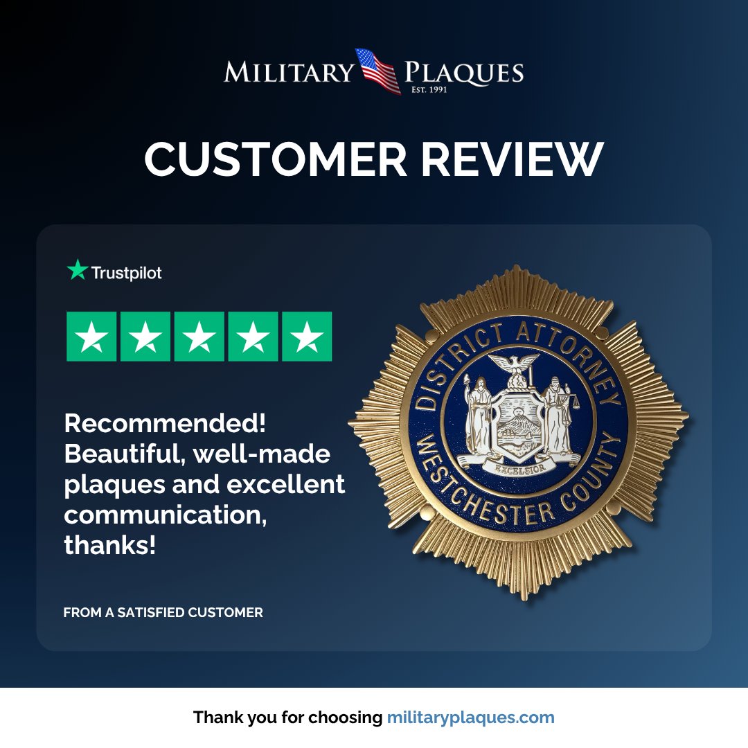 MilitaryPlaques's tweet photo. Another 5-star review has arrived! ⭐️

Featuring one of several Westchester County seal plaque orders, handcrafted to be displayed with pride. We’re grateful for the trust placed in our work.

Order yours here: 👉 https://t.co/J7wWle3hzS

#Military #Plaques #SDVOSB #GSAApproved https://t.co/iXUylw7rRK