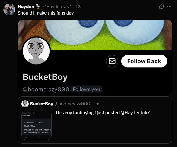 boomcrazy000's tweet photo. Should i make Haydens day? @HaydenTak7 https://t.co/lcxkDQAgfM
