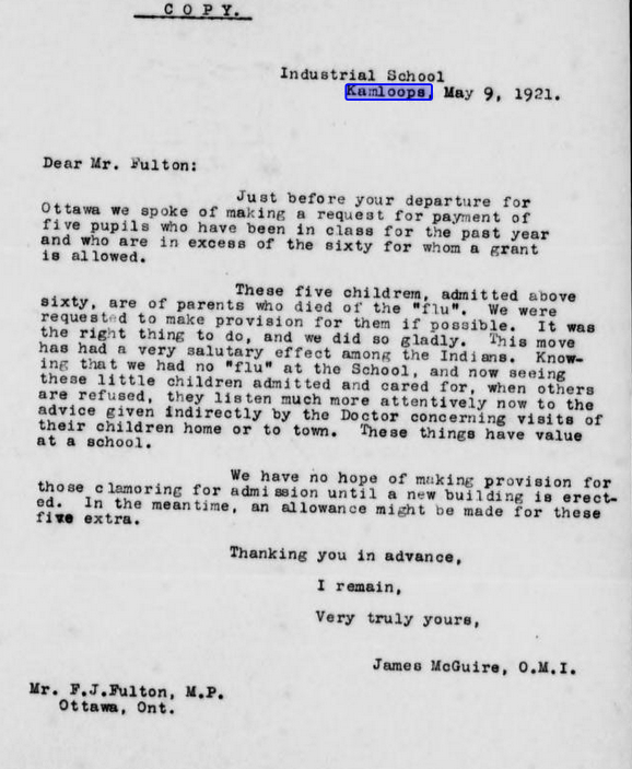A truth of Residential Schools which does not get told

1921 - Kamloops Residential School asking Ottawa for permission to take in 5 additional Indigenous orphans, over their approved limit, because they have no where to go