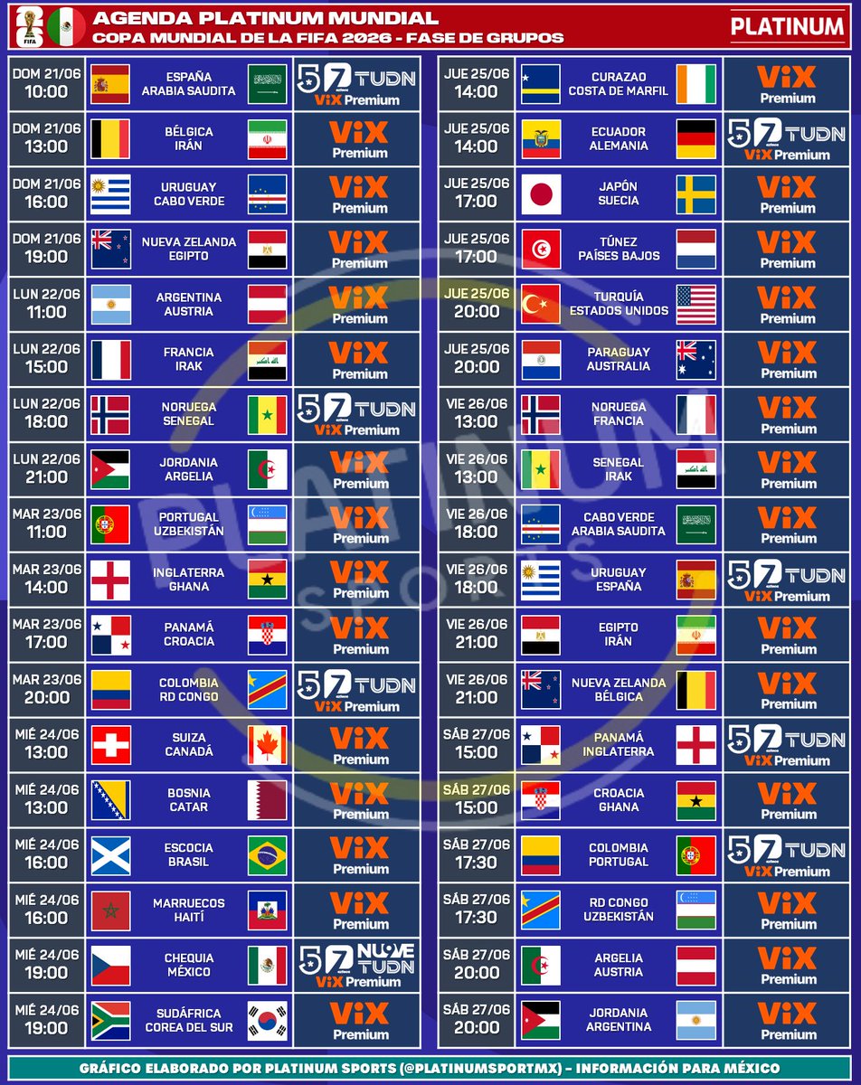 ¡CALENDARIO DEL MUNDIAL 2026!

⚽️ #AgendaPLATINUM 
🗓️ Calendario de la Copa Mundial de la FIFA 2026 🇨🇦🇲🇽🇺🇸

📺 Todos los partidos con el Pase Mundial de VIX Premium.
⏰ Horarios del Centro de México (CDMX).
⚠️ Sujeto a cambios. 

🔄 Favor de compartir y reaccionar ❤️