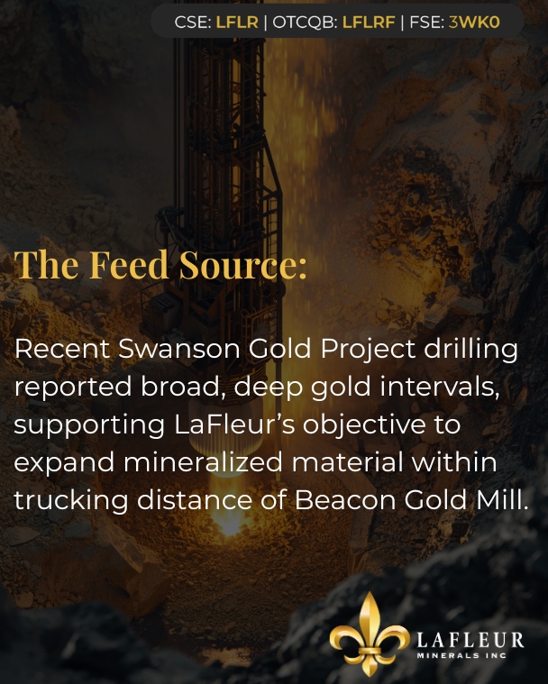 LaFleurMinerals's tweet photo. LATEST DRILL: Our flagship Swanson Gold Project saw broad, deep gold intervals with bonanza-grade hits of 44.4 g/t and 86.8 g/t Au at depth. This confirms a classic Abitibi bulk-tonnage gold system well beyond the current 227k oz resource. In short, tons of expansion potential.