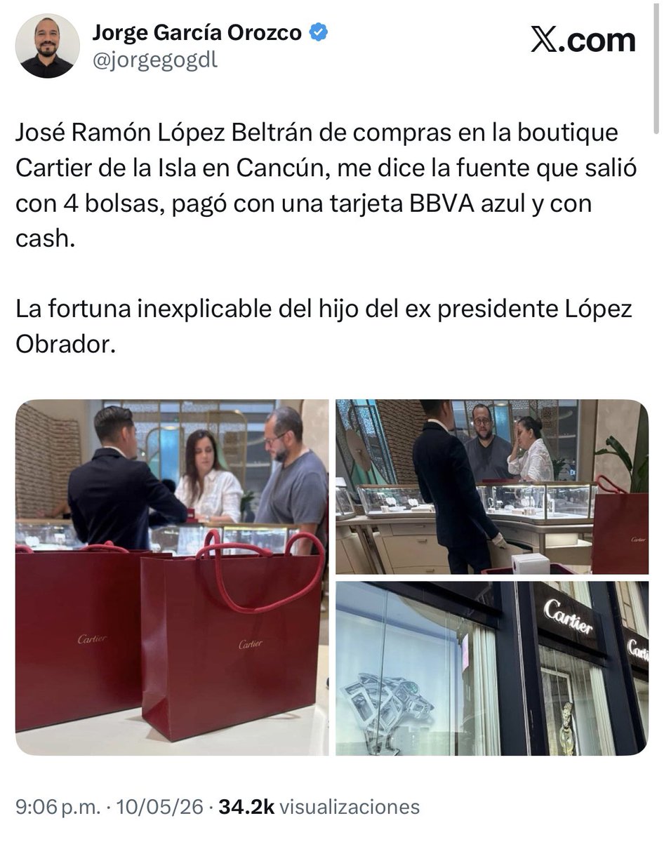 Erika_Velasco_'s tweet photo. La austeridad republicana: José Ramón López Beltrán, hijo de AMLO, comprando en una tienda Cartier de Cancún. ¿Cómo se gana la vida? Pues… quién sabe… https://t.co/FJRkHlu0nO