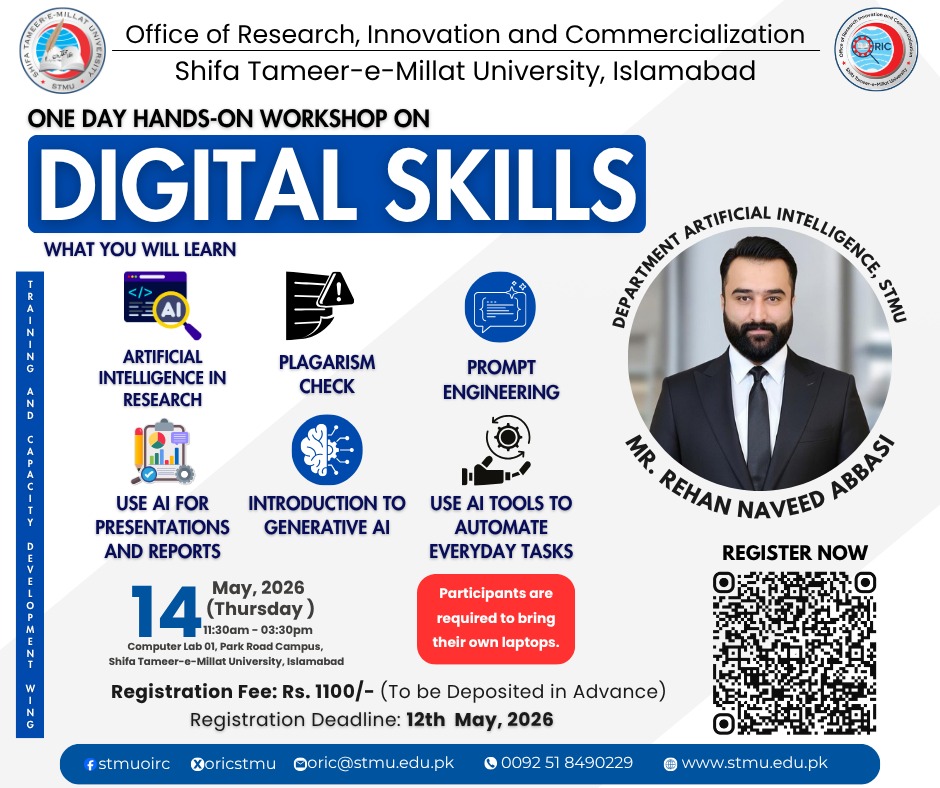 OricStmu's tweet photo. Don’t Miss This Opportunity!
ORIC, STMU presents a One-Day Hands-On Workshop on Digital Skills
📅 14 May 2026 | ⏰11:30 AM–3:30 PM
📍 Computer Lab-1, Park Road Campus
💰 Rs. 1100 | 🗓Deadline: 12 May 2026
⚠️ Limited seats — Register now!
https://t.co/SeyxZdDIbO https://t.co/BCFBPo4G2W