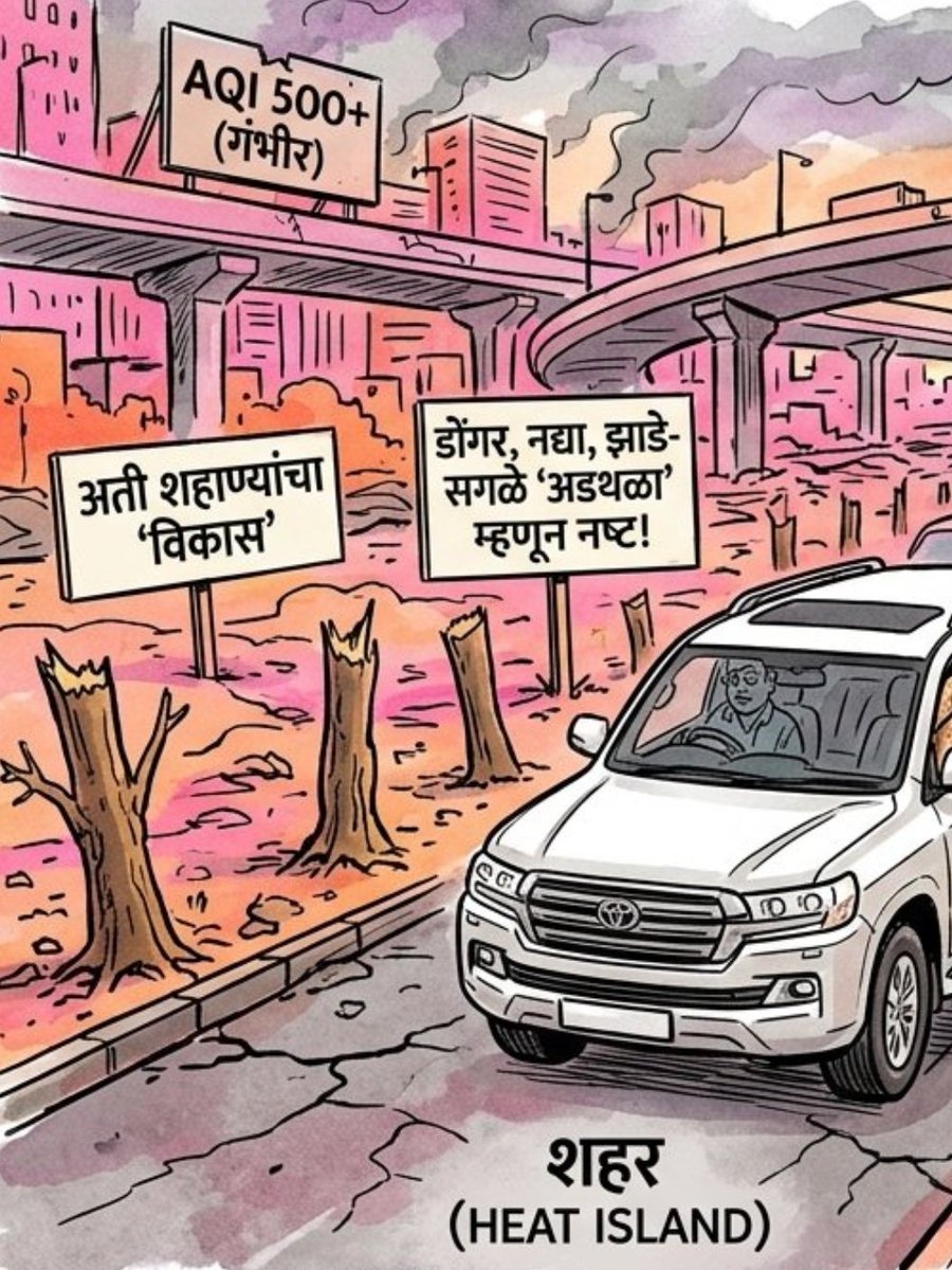 ChaitanyaKet's tweet photo. चला सगळी झाडे तोडून टाकू,
नदीकाठावर काँक्रिट टाकून jogging tracks बांधू,
टेकड्या फोडून टनेल बांधू,
टेकडीवरून एक रस्ता काढू, 
फ्लायओव्हर, त्याच्यावर एक फ्लायओव्हर, त्याच्यावर पण जमलं तर एक फ्लायओव्हर बांधू ना

AC कार, AC रूम मध्ये बसून 
विकासाच्या चार गप्पा मारू https://t.co/I9kgqFNczA