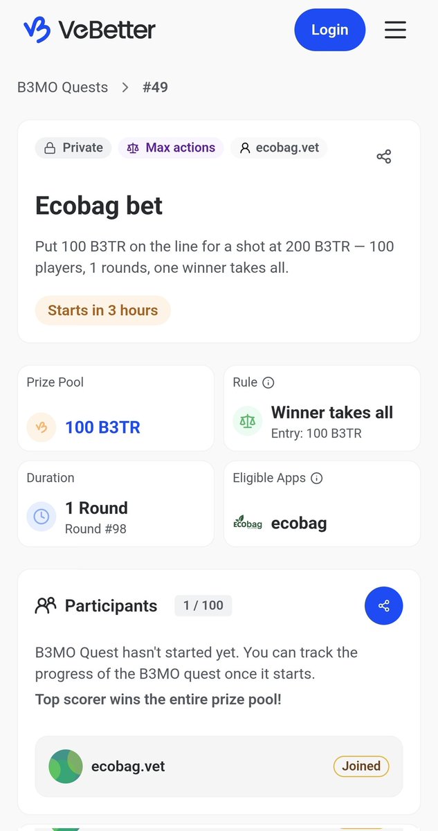 _BagSolutions_'s tweet photo. 2 Ecobag Quest Announcement!
#1 https://t.co/W7PmrGyFtM
​🔸️Reward: 40 B3TR per winner 
🔸️​Winners: 5 slots open
🔸️​Task: Complete 10 actions in Ecobag
#2
https://t.co/ViuYIbzpHq
🔸️Put 100 B3TR on the line for a shot at 200 B3TR - 100 players, 1 round, one winner takes all https://t.co/qNWJylAdW1