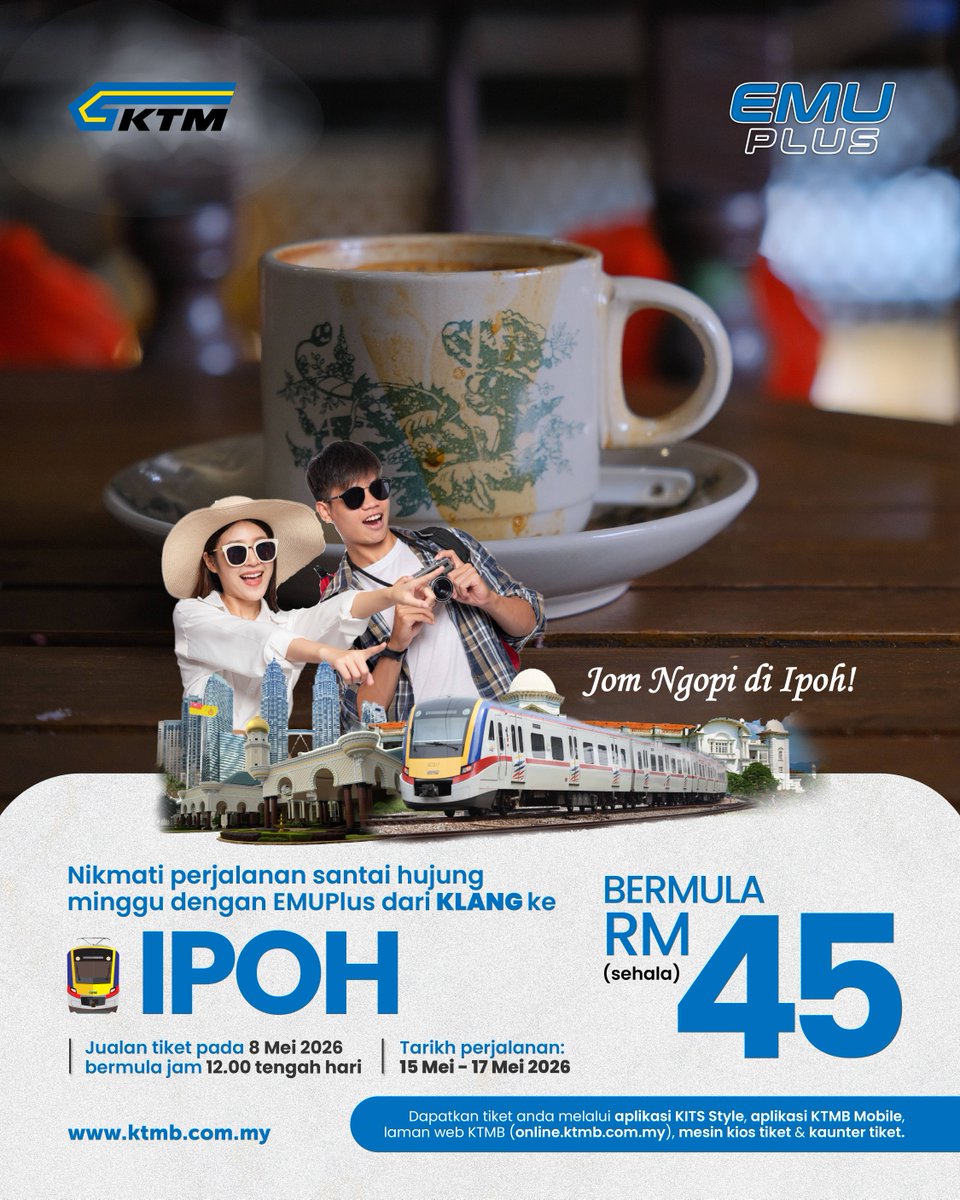 ktm_berhad's tweet photo. Jom ngopi di Ipoh hujung minggu depan! Rancang awal 𝘵𝘳𝘢𝘷𝘦𝘭 dengan EMUPlus dari Klang ⇄ Ipoh 🚊✨

Dapatkan tiket anda melalui:
📱 Aplikasi KITS Style
📱 Aplikasi KTMB Mobile
🌐 Laman web KTMB (https://t.co/mysvKxA6gK)
🎟️ Mesin kios tiket KTMB

#KTMB #EMUPlus https://t.co/QD6mvOS99b