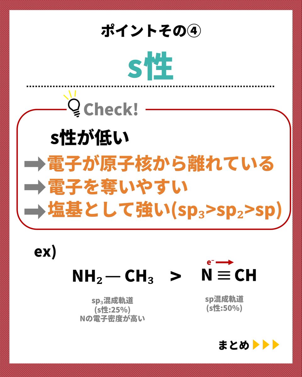 Bashipharma's tweet photo. 【国試向けポイント解説】
•塩基性の強さ(化学)
『塩基の強さ＝非共有電子対の与えやすさ』です
非共有電子対の与えやすさに影響を与える要因として
①共鳴②置換基③混成軌道などがあるのでそこを区別して押さえておきましょう！ https://t.co/qenRMAjXEU