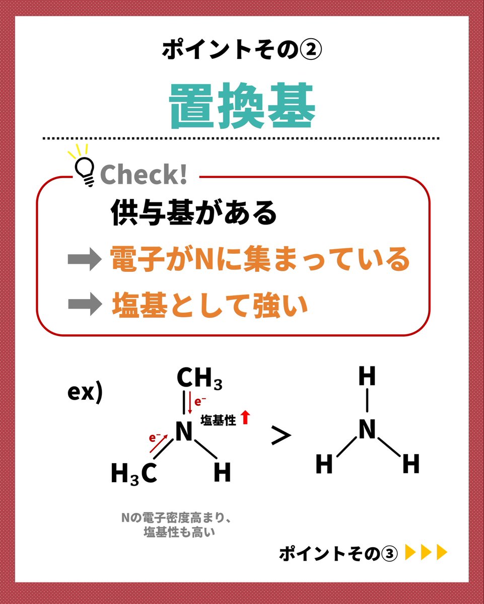 Bashipharma's tweet photo. 【国試向けポイント解説】
•塩基性の強さ(化学)
『塩基の強さ＝非共有電子対の与えやすさ』です
非共有電子対の与えやすさに影響を与える要因として
①共鳴②置換基③混成軌道などがあるのでそこを区別して押さえておきましょう！ https://t.co/qenRMAjXEU