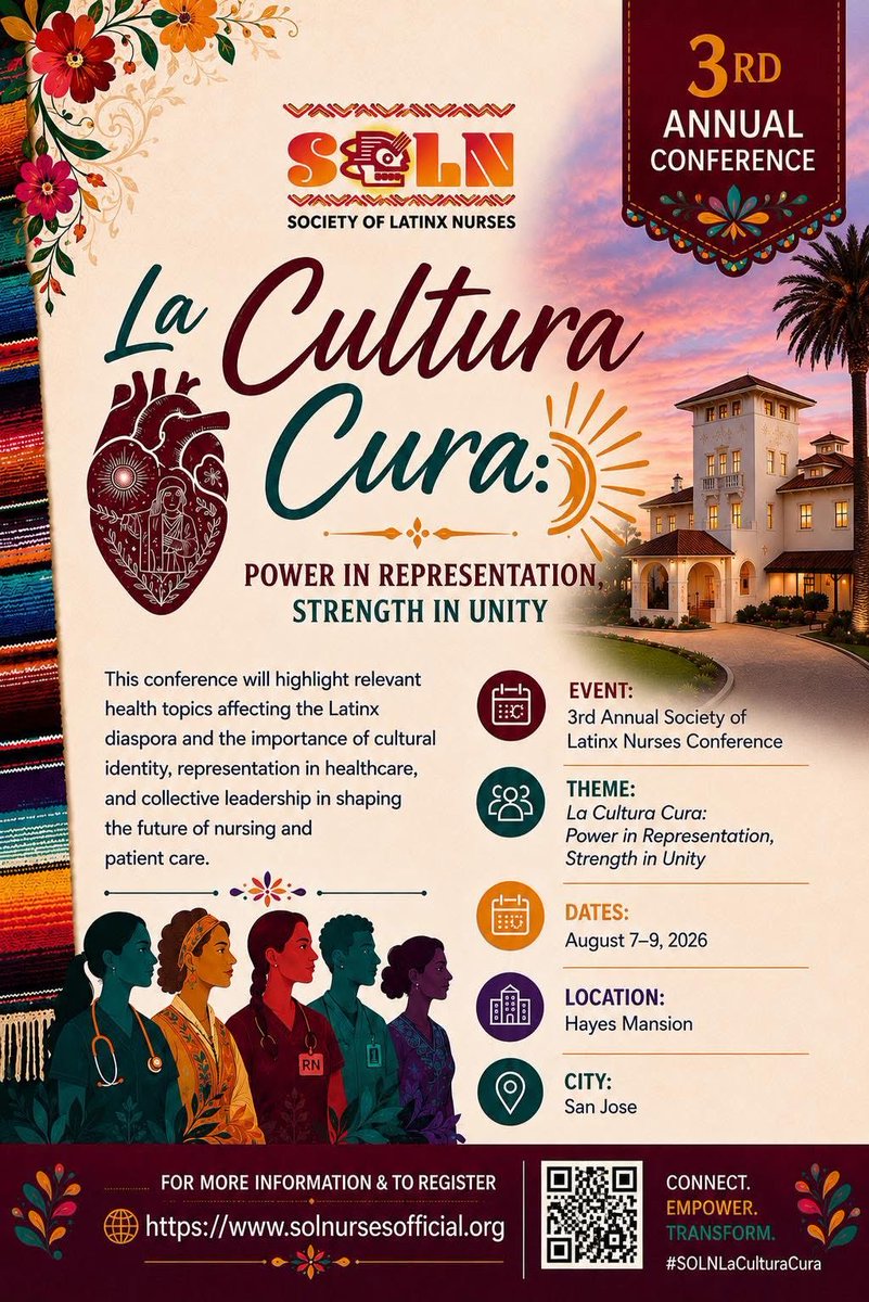SolNurses's tweet photo. We are excited to announce that SOLN’s 3rd annual national conference, “La Cultura Cura: Power In Representation, Strength In Unity” will be taking place at the historic Hayes Mansion, in San Jose, California! https://t.co/3vrPTCehKq