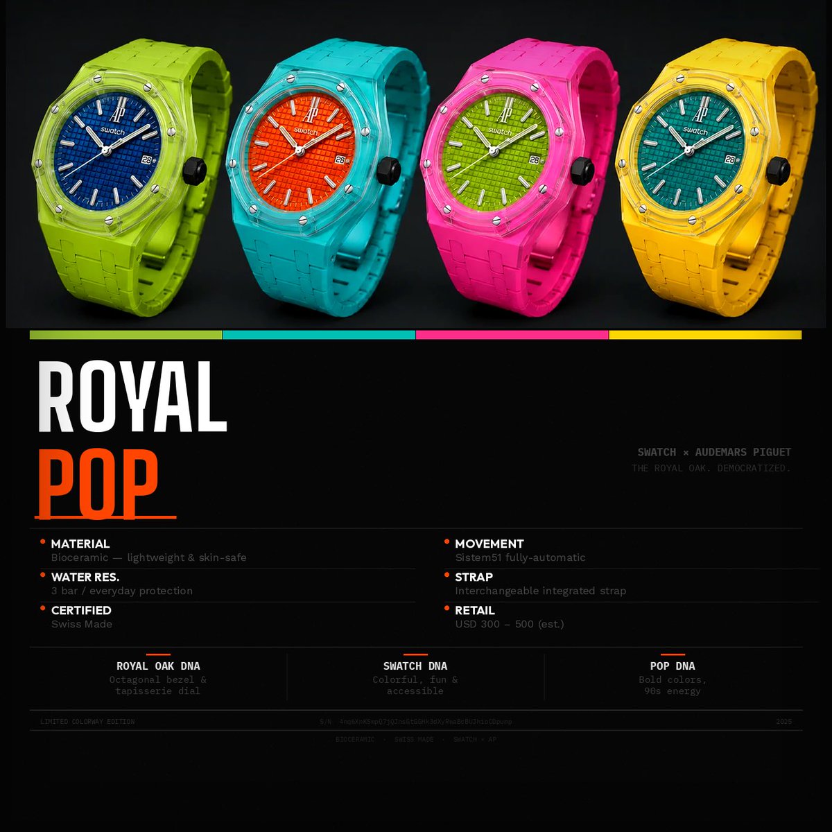 ianmiles's tweet photo. Swatch is turning a $30k Royal Oak into a $400 watch and nobody’s mad about it. That’s the move right now. Legacy assets, new wrapper, accessible entry. 

I’d be lying if I said I’m not gonna get a whole bunch of these. https://t.co/dUMOJPrZ5h