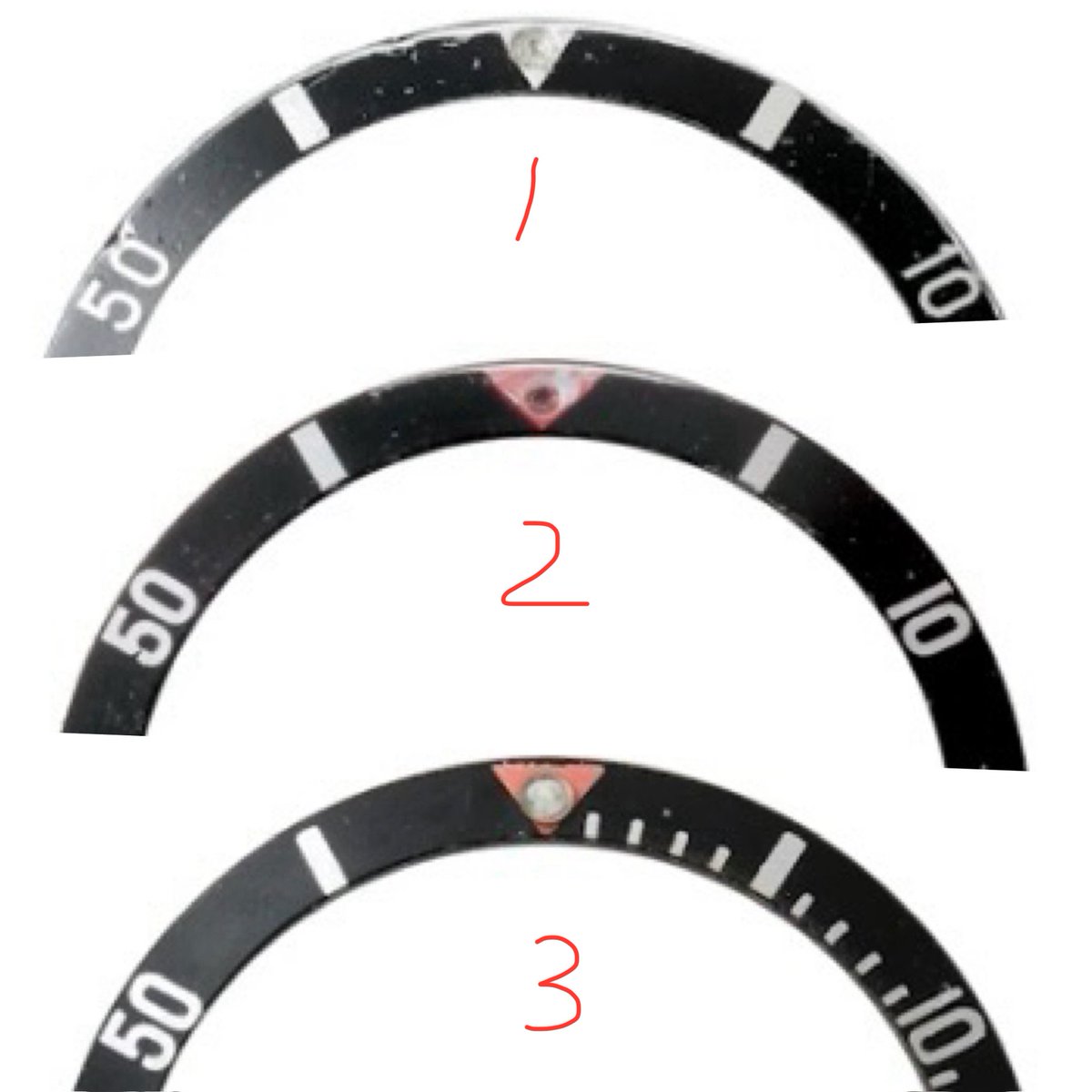 909_lab_osu's tweet photo. サブ系ベゼル　前半

MK1  53-59
①細字②太字③縦長
②、③はレッドトップ

④MK2  58-69

⑤スキニー4  63

MK3  69-79
⑥初期(Kissing)⑦中期⑧後期

#ROLEX
#ロレックス
#サブマリーナー https://t.co/tJwWmqHLEA
