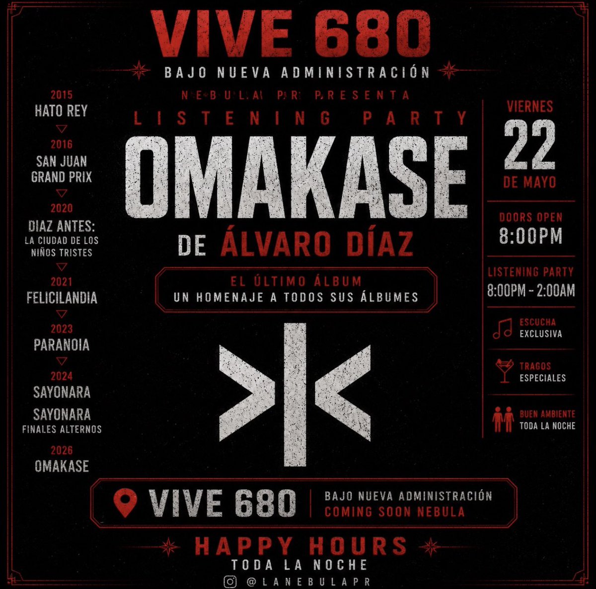 LaNebulaPR's tweet photo. OMAKASE Listening Party de Álvaro Díaz

Este viernes 22 de mayo ven a vivir el último álbum y un homenaje a todos sus proyectos.

8:00 PM - 2:00 AM

¡Happy Hours toda la noche!

Coming soon Nebula PR

Síguenos en Insta: @lanebulapr https://t.co/husMARqvYd