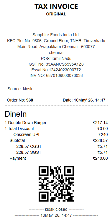PrSamuelEdison's tweet photo. Hey @KFC_India, yesterday I ordered a Double Down Burger. I have attached the bill for your perusal. Can you please explain to me why its size is less than the size of my finger? When I enquired at the counter, they said they received only this size. #SmallestDoubleDown https://t.co/wRaA44Yxxg