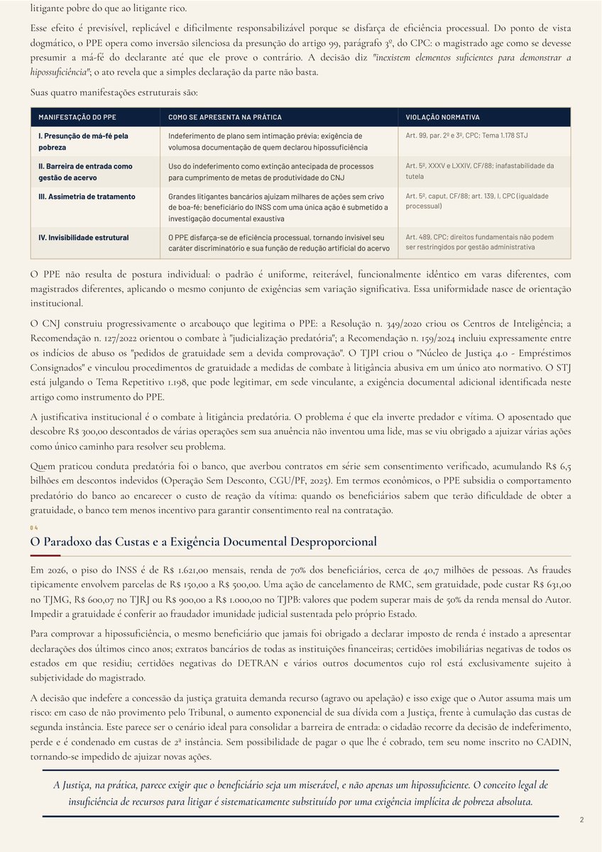 EdsonAAlcantara's tweet photo. 🚩Análise Jurídica - Justiça Gratuita 
 ▶️Pessoal, mais um artigo voltado para a realidade do advogado de massa. 
 ▶️Nele, faço uma análise de como o indeferimento da justiça gratuita é um dos elementos sistemáticos para dificultar e impossibilitar o acesso dos mais pobres ao poder judiciário e o INFOJUD como ferramenta que poderia resolver essa questão (se realmente o judiciário quisesse fazer isso).
"A Justiça, na prática, parece exigir que o beneficiário seja um miserável, e não apenas um hipossuficiente. O conceito legal de insuficiência de recursos para litigar é sistematicamente substituído por uma exigência implícita de pobreza absoluta."

 📥Link para o pdf do artigo resumido:
https://t.co/fqoCADfgfl
 📥Link para o estudo completo:
https://t.co/xKvAVNkVjH