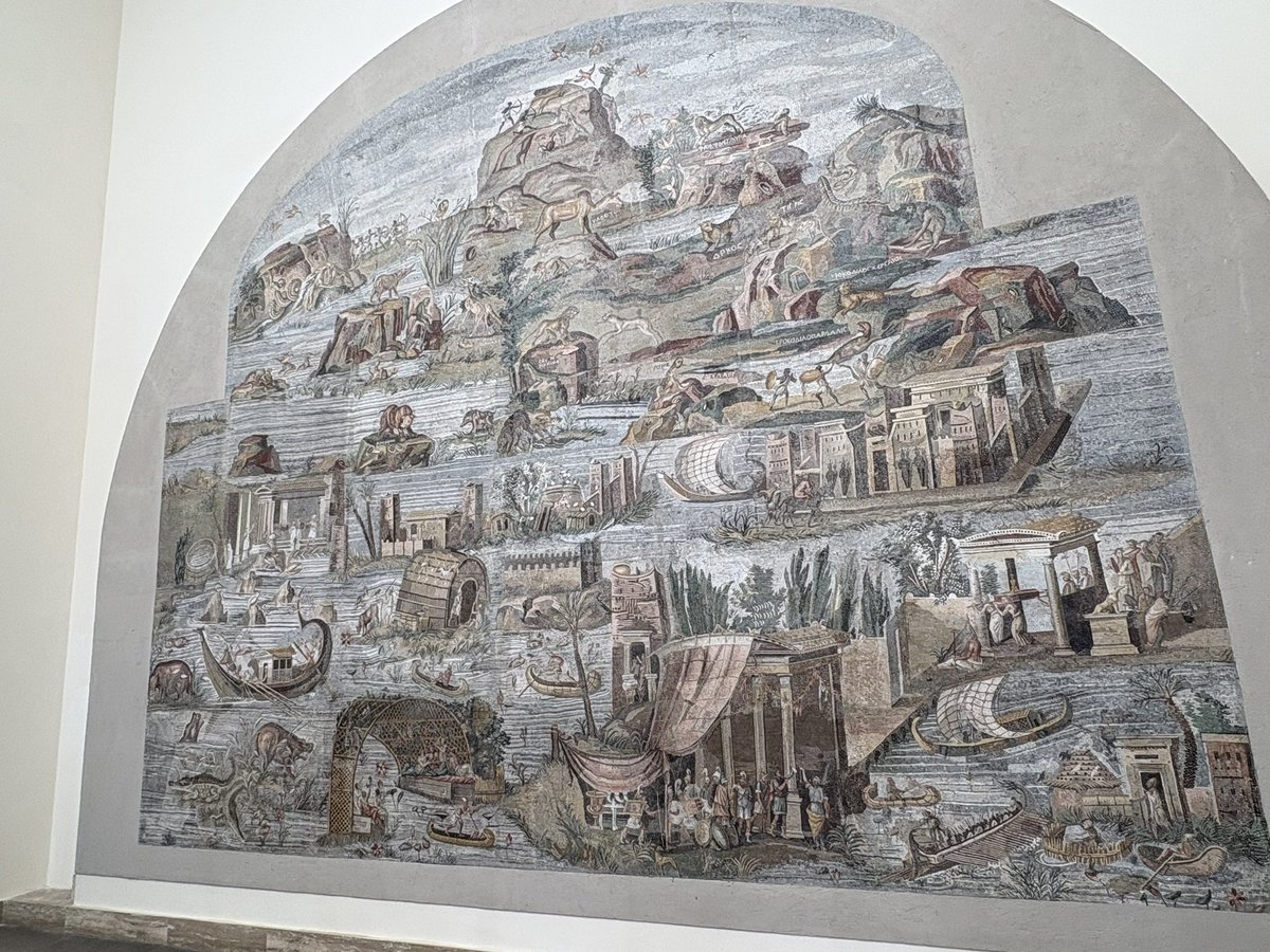 GrandTouristUK's tweet photo. #Palestrina #Nile mosaic at Palazzo Colonna Barbarini in hills east of Rome. 2nd C BC Roman #mosaic made by craftsman fm Alexandria, Egypt mentioned by #Pliny commissioned by Sully military + political leader. River Nile fm source to sea graphic artistry + #superb #storytelling https://t.co/1BV9wl3O6v