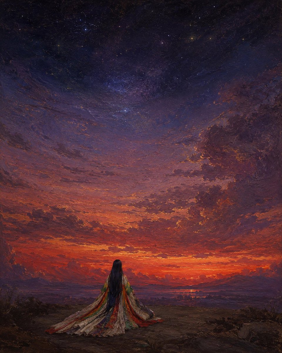 kouji01's tweet photo. At twilight’s hour, I gaze
toward the far edges of clouds —
lost in thought, in longing.
For I am yearning
for one who dwells
in the heavens above.
 
夕ぐれは雲のはたてに物ぞ思ふあまつ空なる人を恋ふとて
（恋一・484）
 
#古今集 #よみ人しらず #短歌 #tanka #短歌英訳 https://t.co/KEOr3WPx5w