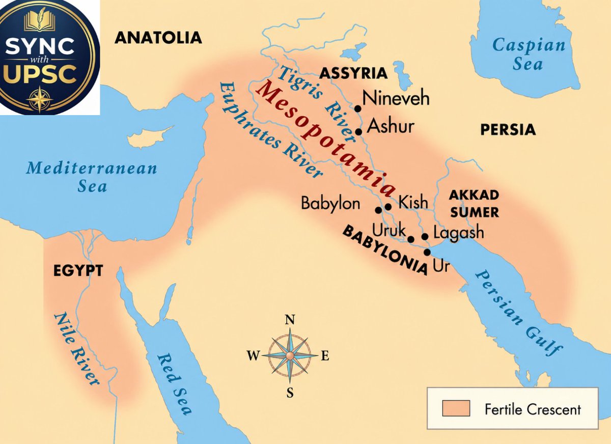 SyncUpsc71129's tweet photo. #UPSC #UPSCMAPS
Mesopotamia-"(land) between rivers".
✅ It refers to the historical region situated between the Tigris and Euphrates rivers in Southwest Asia, encompassing 4 parts of modern-day Iraq, Syria, Turkey, and Kuwait.
✅Urbanization: Mesopotamia was the world's first urban civilization, though Harappa was more planned.
✅Decline: Soil salinization (due to over-irrigation) and frequent foreign invasions led to its eventual downfall.
✅Agriculture: Based on complex irrigation systems; primary crops were barley, wheat, and dates.
✅Social Hierarchy: Pyramid-style—King/Priests at the top, followed by scribes/merchants, and laborers/slaves at the bottom.
✅Architecture: Massive stepped-pyramid temples called Ziggurats (center of religious and economic life).