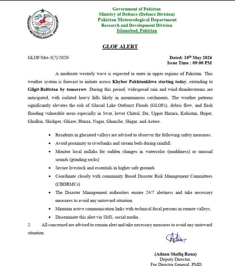 pmdgov's tweet photo. GLOF Alert for Northern Pakistan as Rain-Wind/Thunderstorm Increases Flood Risk in Glaciated Valleys.
#GLOFAlert #PMD #PakistanWeather #FlashFlood #GlacialFlood #KPWeather #GilgitBaltistan #ClimateAlert #RainAlert #FloodRisk #DisasterManagement https://t.co/eWgs7JSPtY