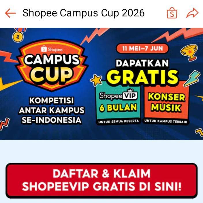 KaonangP's tweet photo. Shopee VIP Gratis 6 Bulan + Voucher Shopee Rp50.000

Buat kalian yang punya email kampus atau email
https://t.co/AzijVliTZo, coba cek ini.

Shopee lagi ada program Shopee Campus Cup. Kalau berhasil verifikasi email kampus, kalian bisa klaim Shopee VIP gratis 6 bulan.

Caranya: https://t.co/C7hCMkB0r8