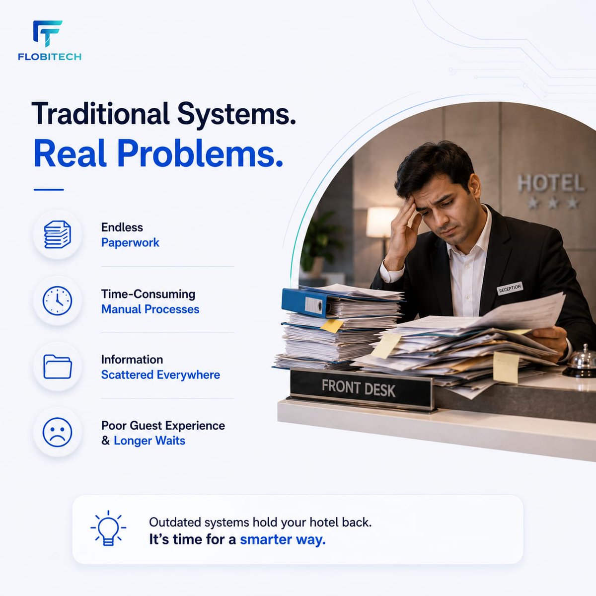 FlobiTech's tweet photo. Endless paperwork 📄
Manual processes ⏳
Long guest waits 😓

Switch to smarter hospitality with Flobitech 🚀

Digital solutions for faster operations &amp; better guest experiences.

#Flobitech #SmartHospitality #Automation #HotelTech https://t.co/OM3xNwokLQ