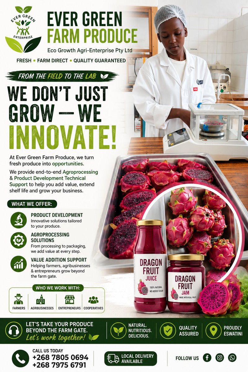EverGreen_sz's tweet photo. 🧪 From the field to the lab 🌱🥼
At Ever Green Farm Produce, we don’t just grow — we innovate. We are proud to now offer Agroprocessing & Product Development Technical Support to farmers, agribusinesses, and entrepreneurs looking to add value to their produce. 📦✨
#TINIX https://t.co/cx2UEfHDKs