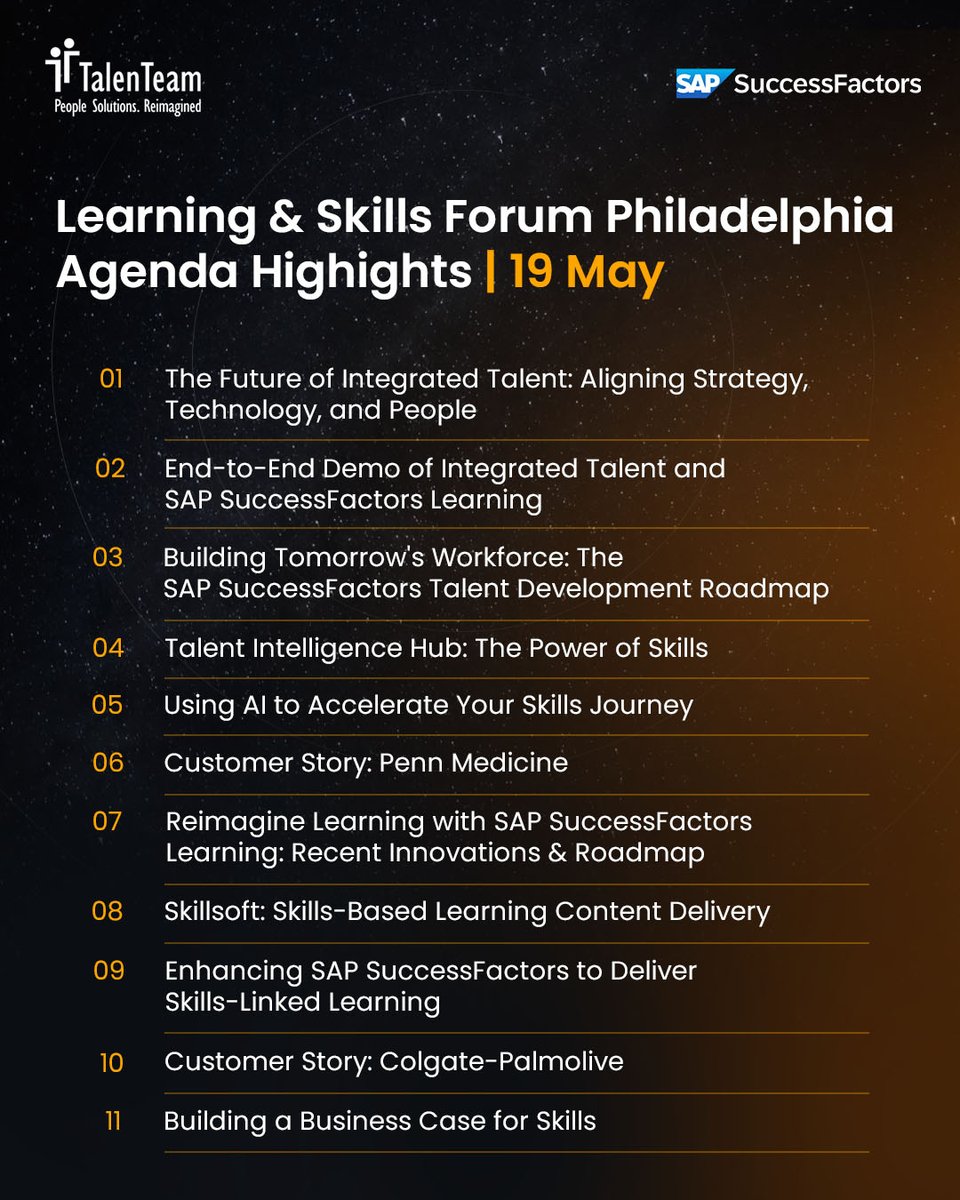 TalenTeam's tweet photo. 1 WEEK TO GO! 
Join @SAP  leaders and experts from @Delta , @PennMedicine , @CP_News , and @Swagelok  to master skills transformation. Don’t miss the most valuable room in HR next week!

📍Philly: May 19 📍Chicago: May 21
Final seats: https://t.co/OBSweklb6t

#LSF2026 #TalenTeam https://t.co/OU7Wm03UkD