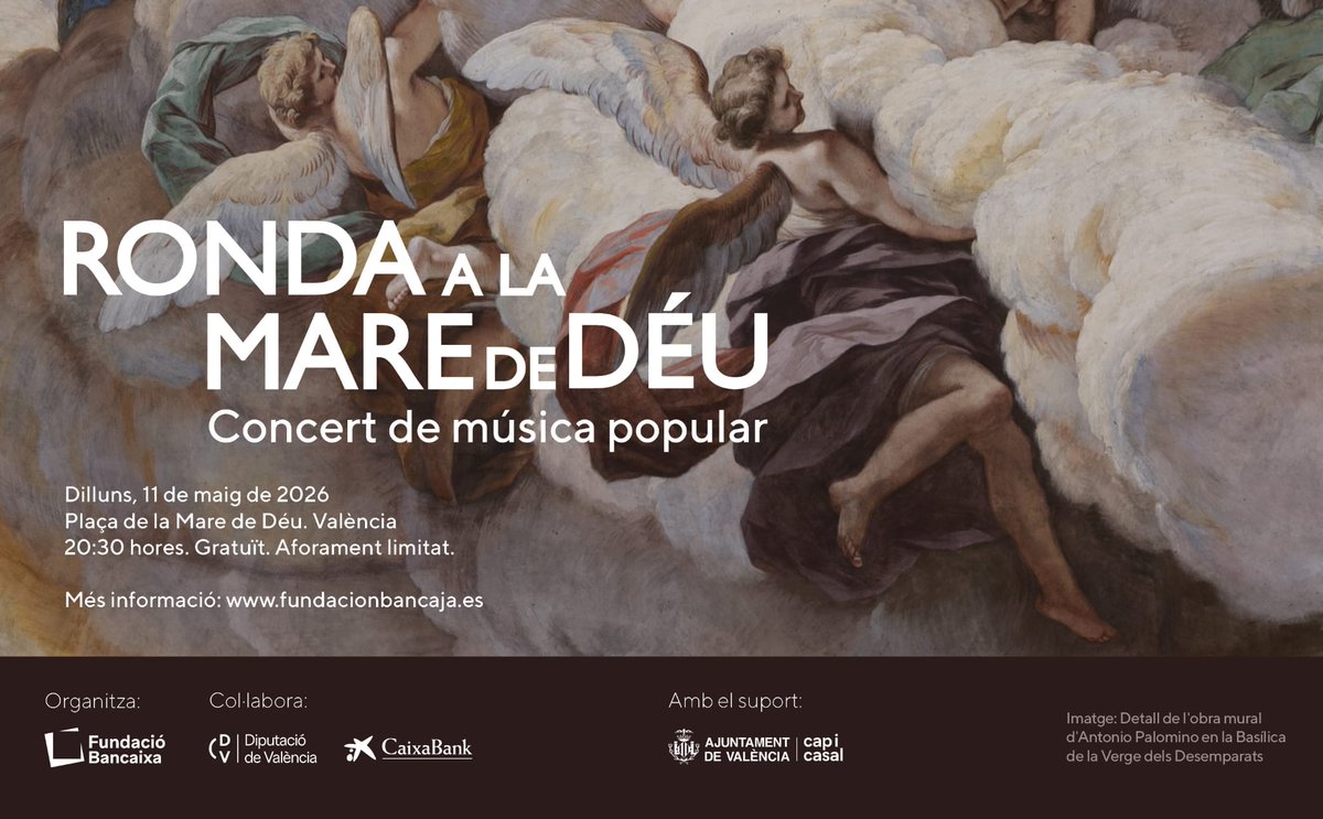 AjuntamentVLC's tweet photo. 🎼Hui, la @FundacionBcja organitza la Ronda a la #MareDeDéu, el tradicional concert de música popular amb la participació, entre d'altres, de la Banda Simfònica Municipal de #València.

📍pl. Mare de Déu

⏰20.30 h

Entrada lliure fins a completar l'aforament.

#MareDeDéuDelsDesemparats