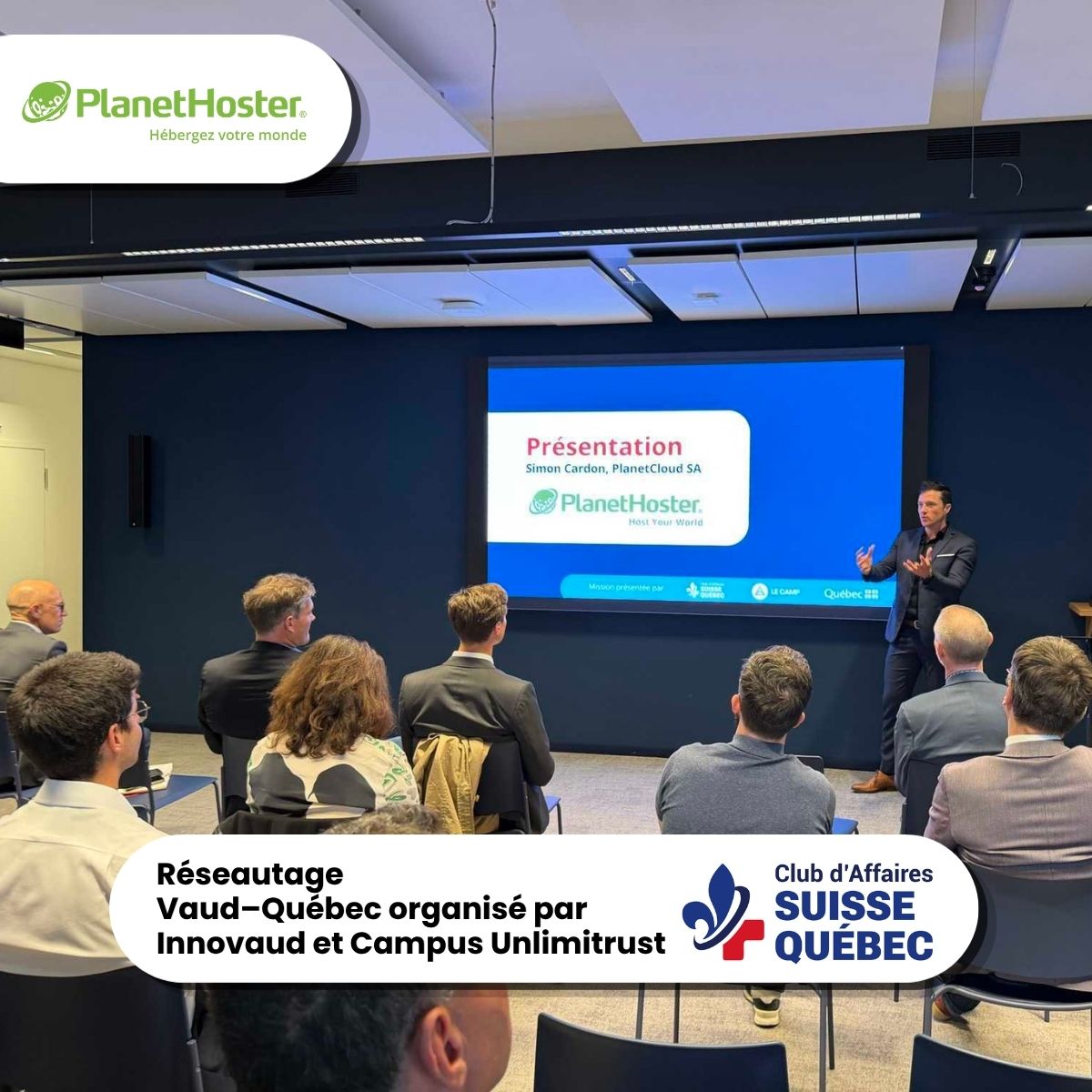 PlanetHoster's tweet photo. L’innovation ne se construit jamais seul.

Elle naît des rencontres, des échanges d’idées et des collaborations entre entreprises qui partagent une même ambition : faire avancer les technologies de manière durable, souveraine et concrète.

C’est dans cet esprit que PlanetHoster a eu le plaisir de participer au Réseautage Vaud–Québec organisé avec nos partenaires @Innovaud  et Campus @unlimitrust.

Un moment enrichissant aux côtés d’entreprises innovantes comme :

@BliqPhotonics  dans les solutions optiques et de microscopie avancée,

Narrathèque autour de l’IA et de la souveraineté des données,

Ferreol Technologies avec ses alliages ultra-résistants pour le sport et l’aéronautique, 

Lime Santé dans l’analyse de données au service des parcours de soins.

Merci à toutes les équipes présentes pour ces échanges inspirants autour de l’innovation entre le Québec et la Suisse.

Chez PlanetHoster, nous croyons qu’un cloud performant doit aussi être souverain, sécurisé et responsable. C’est pourquoi nous opérons nos propres infrastructures et datacenters en Suisse, en France et au Canada.

Notre vision repose sur 5 piliers :
Performance. Sécurité. Éthique. Souveraineté. Écologie.

Continuons à construire ensemble un numérique plus fiable, plus humain et plus indépendant.