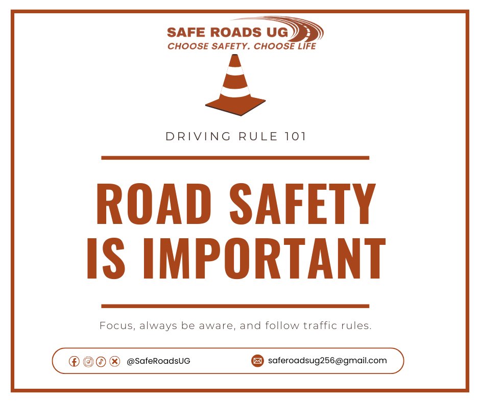 SafeRoadsUg's tweet photo. Road safety is not optional.
It is a responsibility.

Stay focused. Stay alert. Save lives.

Choose Safety. Choose Life. 🚦

#SafeRoadsUG #RoadSafety #DriveResponsibly #SafetyFirst https://t.co/atNs6GZH5U