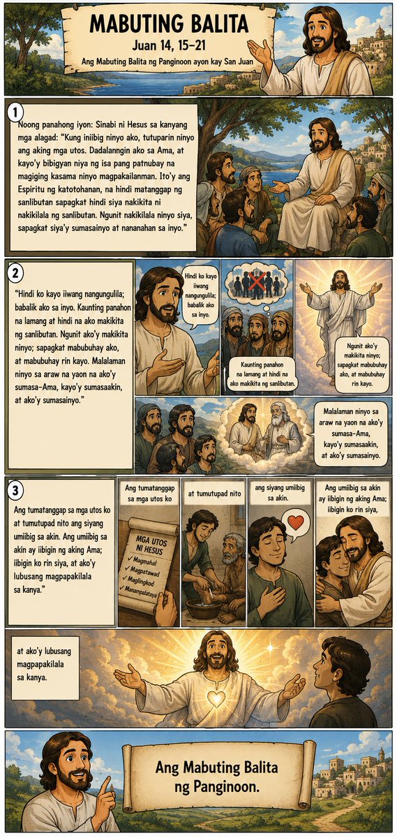 _emman1020's tweet photo. I was wondering pano ko maeenganyo mga member ko na bata sa Legion of Mary na magbasa ng bible since assignment nila yon. Kaso walang nagbabasa talaga. Kaya naisipan ko gawan ng AI generated comics based on daily readings nalang na isesend ko sa GC everyday. https://t.co/DWcZ0Feizz