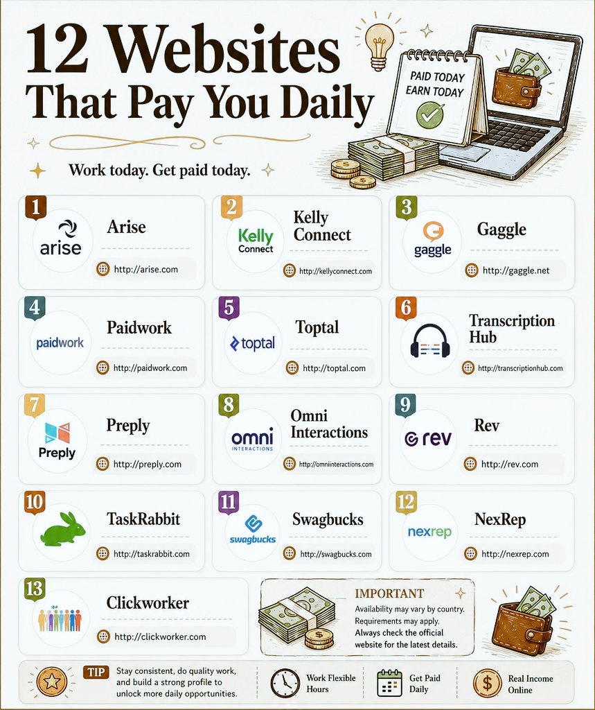 JOBCORNER247's tweet photo. 12 Websites that pay you daily

1. https://t.co/lJOA9x9yf6

2. https://t.co/f7W1uq9L0P

3. https://t.co/MOur0JIYFM

4. https://t.co/1XoCvnnQr0

5. https://t.co/ZkI5kJnQC5

6. https://t.co/lJrSBWEZu3

7. https://t.co/fZc2SMwUG2

8. https://t.co/cWYSudvfgE

9. https://t.co/sA0ln2DN3i

10. https://t.co/WM9oeCD65B

11. https://t.co/xl55LLfaZ6

12. https://t.co/VXE5Tus9Tc

13. https://t.co/hEmN2T6Cm9