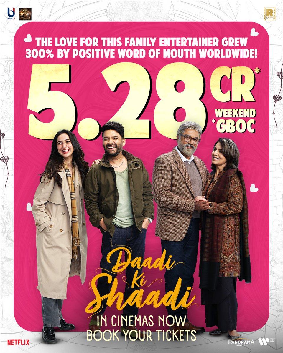 beingu_studios's tweet photo. The love for Daadi Ki Shaadi is reflecting strongly at the box office ❤️

Book your tickets now! 
🎟️- https://t.co/Enb9LVX4wE 

Daadi Ki Shaadi in cinemas now.
Gen D to Gen Z — all are invited.

#DaadiKiShaadi #WillSheWontShe

Written &amp; Directed: #AshishRMohan https://t.co/jxbiDcKLXB