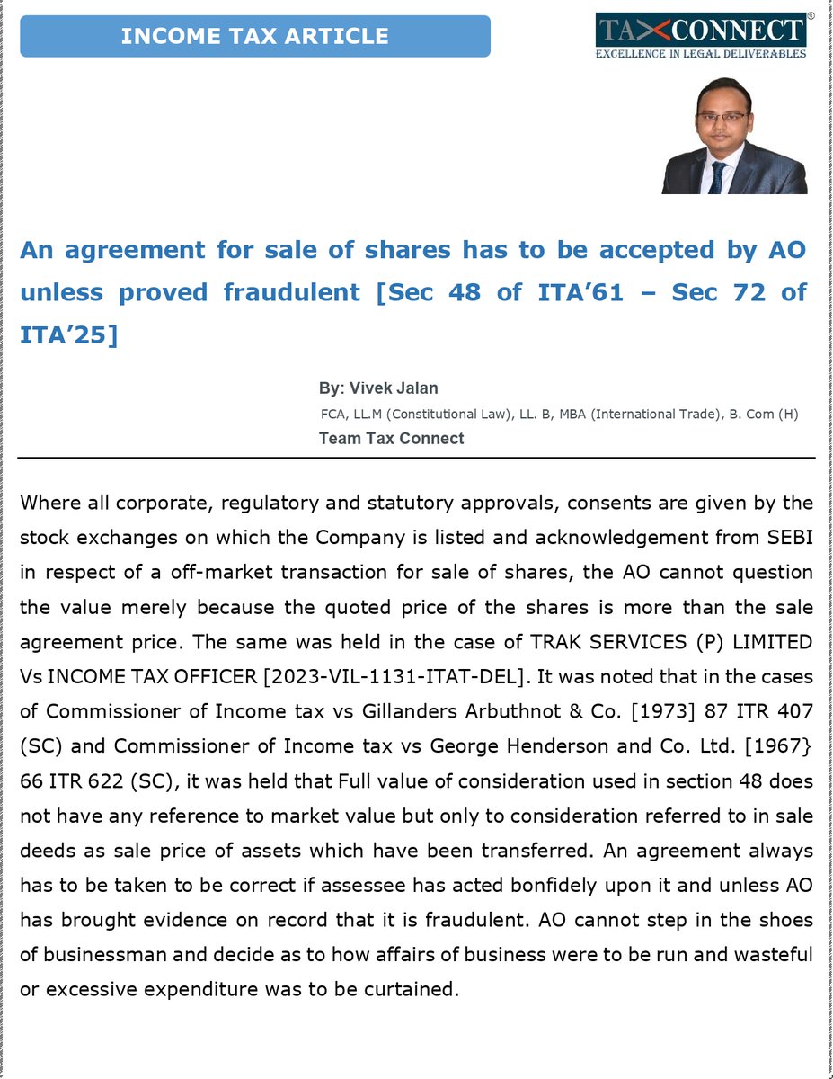 cavivekjalan's tweet photo. Pleased to share an Article on "An agreement for sale of shares has to be accepted by AO unless proved fraudulent [Sec 48 of ITA’61 – Sec 72 of ITA’25]"

Thanks &amp; Regards
Vivek Jalan
@TaxConnectLLP 

#AgreementForSale #ShareTransfer #incometaxact #section48 #section72 https://t.co/VHwoW2bOO0