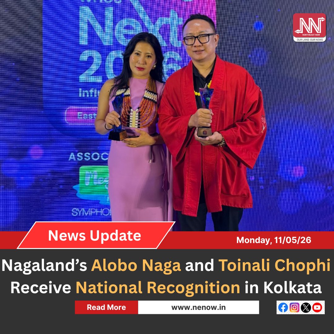 Nagaland’s Alobo Naga and Toinali Chophi were honoured at the WhosNext Influencer Awards 2026 held in Kolkata. Alobo Naga received the Face of NE Influence Award, while Toinali Chophi was named NE Entrepreneur of the Year. The event recognised creators, entrepreneurs and public