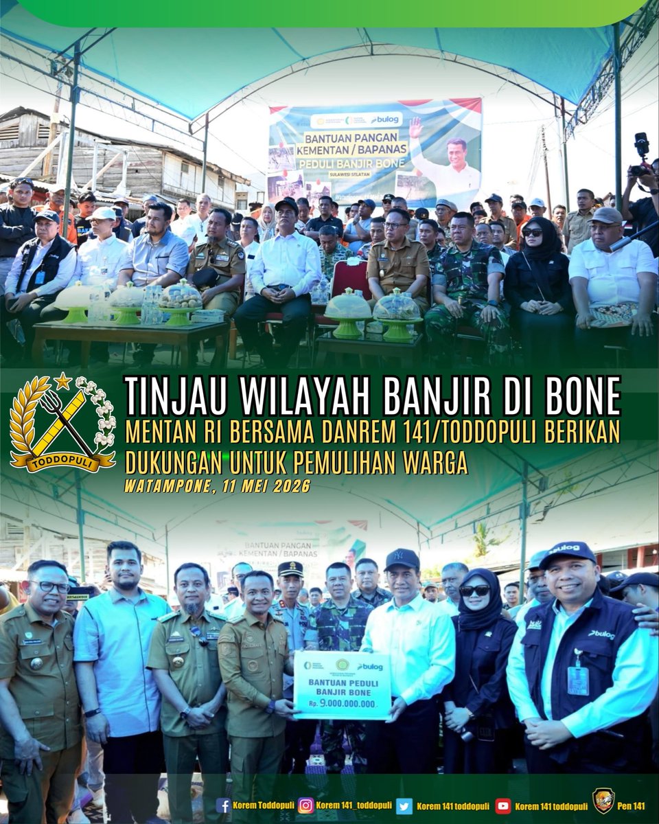 Penrem141's tweet photo. Menteri Pertanian RI, Dr. Ir. H. Andi Amran Sulaiman, M.P., melakukan kunjungan kerja ke wilayah Kab. Bone untuk meninjau langsung kondisi masyarakat yang terdampak banjir. Mentan didampingi langsung oleh Danrem 141/Toddopuli Brigjen TNI Andre Clift Rumbayan, S.Sos., M.M. https://t.co/kC6YAG9Eqi