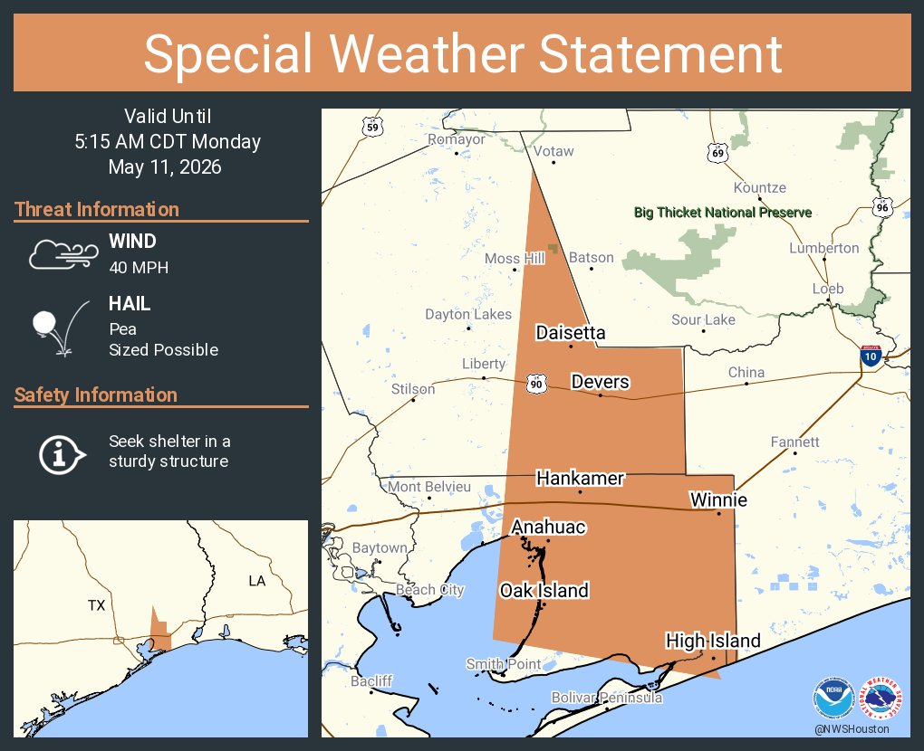 A special weather statement has been issued for Winnie TX, Anahuac TX ...