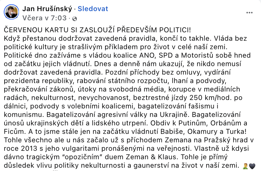 LudekNie's tweet photo. Babišova vláda opovrhuje pravidly, zákony i institucemi, chybí jí základní slušnost. A tak se nemůžeme divit, když se takové chování začne propisovat do celé společnosti.

Pohled Jana Hrušínského rád sdílím. https://t.co/e6uTiRdELe