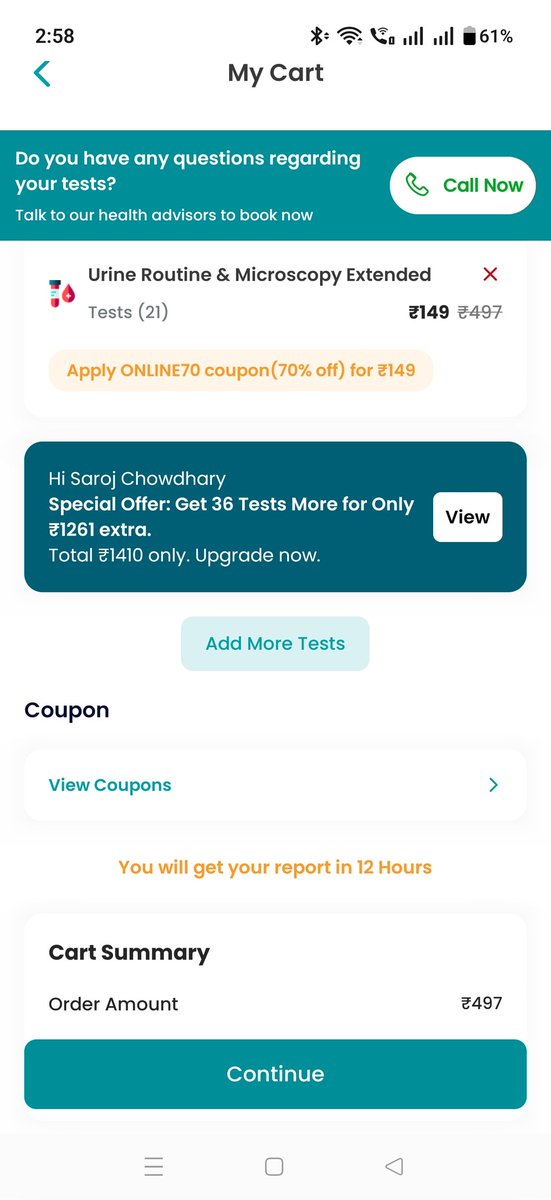 bidecy's tweet photo. Be careful while booking online tests @healthians . At the time of selecting Routine Urine test the price is reflected as Rs 149 but ends up at 497. Quite a misleading system. https://t.co/GL2gq1c4pg