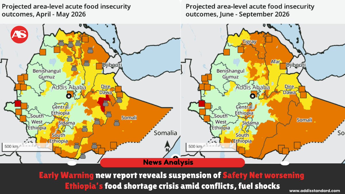 addisstandard's tweet photo. #News_Analysis: Early Warning new report reveals suspension of #Safety_Net worsening #Ethiopia’s food shortage crisis amid conflicts, fuel shocks
- The Productive Safety Net Program (#PSNP), one of Ethiopia’s largest social assistance schemes, has faced major disruptions this year after public works transfers were suspended across most parts of the country since January 2026.
- Emergency (IPC Phase 4) conditions are expected to continue in lowland areas of #East_Hararghe and among newly arrived South Sudanese refugees in #Gambella, while widespread Crisis (IPC Phase 3) outcomes persist across parts of #Tigray, #Amhara, #Afar, #Oromia, and the #Somali regions.
https://t.co/nYb4TWQKzy