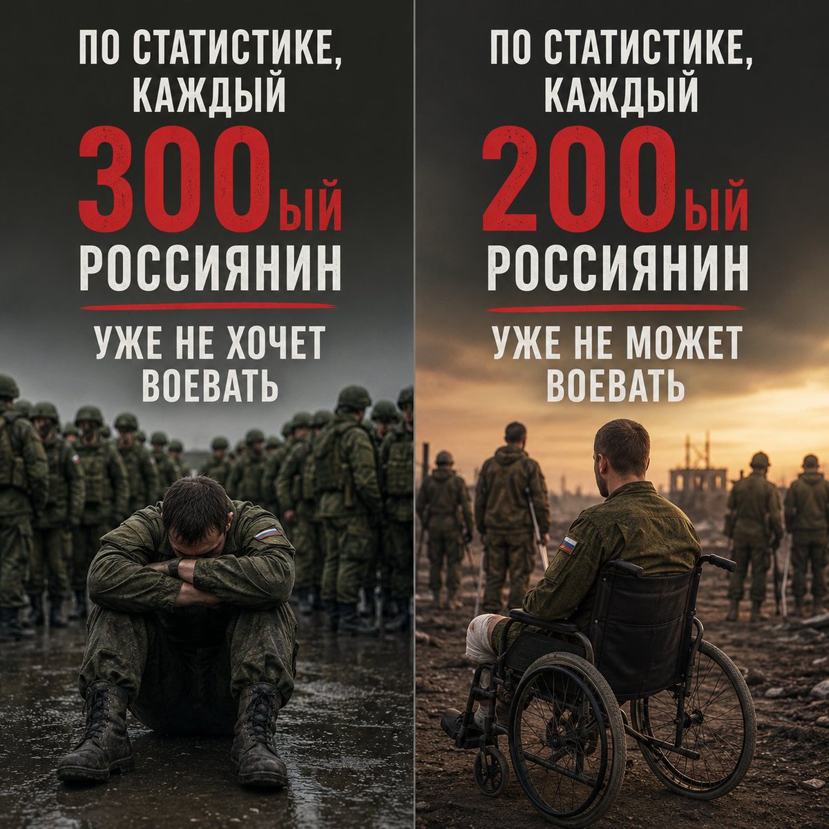 ...по статистике, каждый 300ый россиянин уже не хочет воевать..а каждый 200ый уже не может..