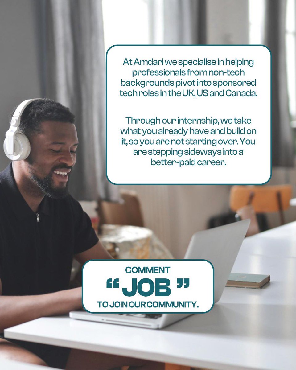 Amdari_IO's tweet photo. At Amdari, we help professionals from non-tech backgrounds transition into sponsored tech roles in the UK, US, and Canada through practical internships, real-world projects, and career support.

Join our community https://t.co/rijZTOXJ63 https://t.co/ZTo6e43Rzp