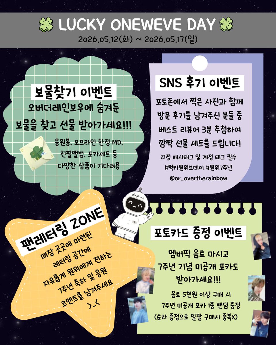 🍀 LUCKY ONEWEVE DAY 🍀

📅 2026.05.12(화) ~ 2026.05.17(일)

오버더레인보우에서 준비한
ONEWE 7주년 기념
깜짝 이벤트 안내드립니다💚

위브의 6주년과 원위 7주년을 함께 축하하며
오버더레인보우에서 특별한 추억 만들어가세요 🍀