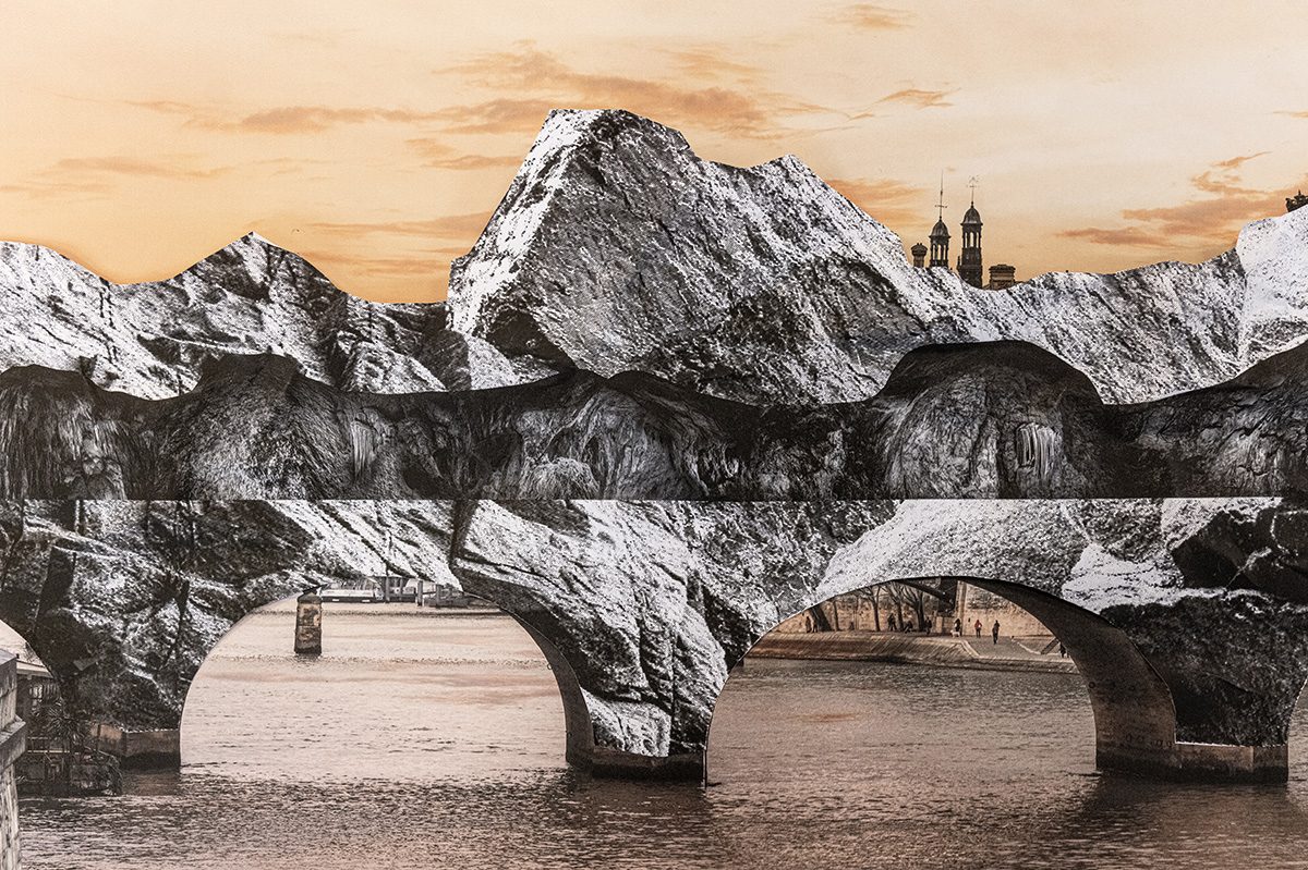 designboom's tweet photo. JR begins shaping stone-like cavern across paris' pont neuf, honoring christo &amp; jeanne-claude https://t.co/Z3X5B8dsNL https://t.co/pojzaRwd3E