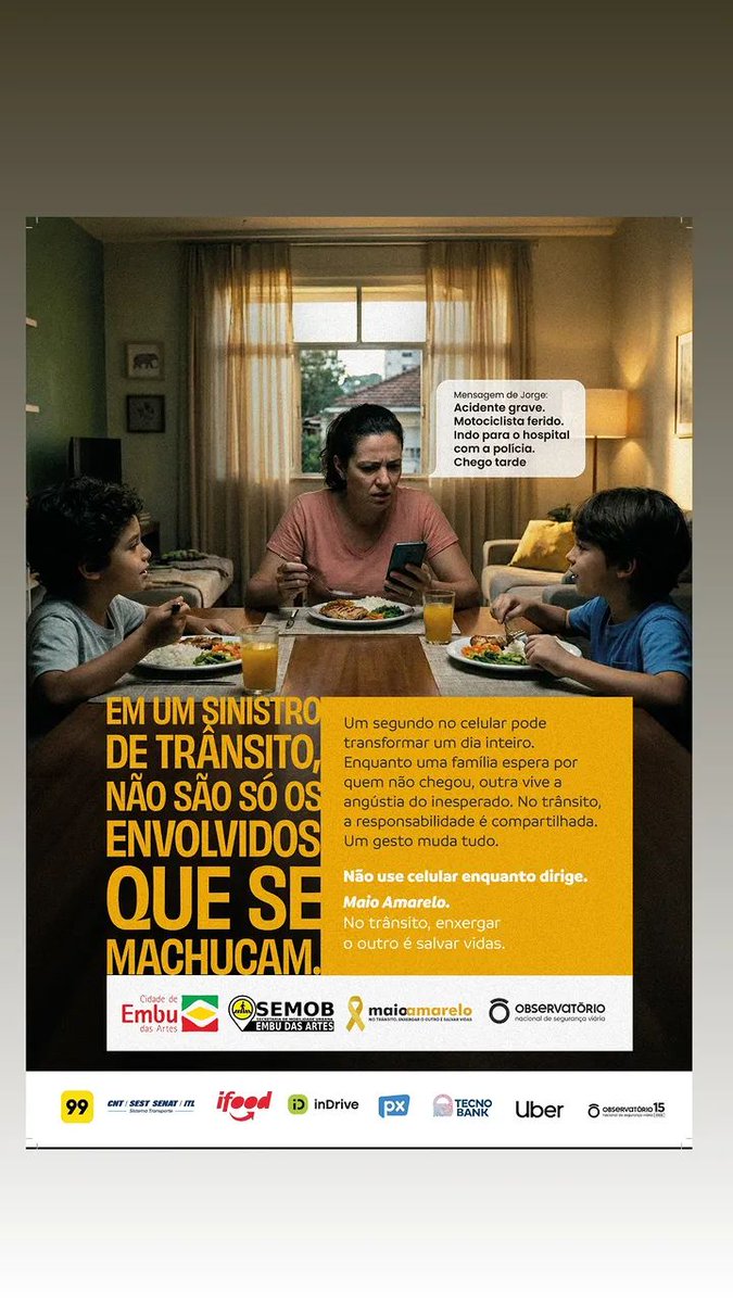 semobembu's tweet photo. 🎗️ Maio Amarelo

No trânsito, uma distração pode mudar vidas para sempre.

O uso do celular ao volante reduz a atenção, aumenta os riscos e pode transformar segundos de distração em consequências irreversíveis para motoristas, passageiros e famílias inteiras. https://t.co/lryBlPLTgY