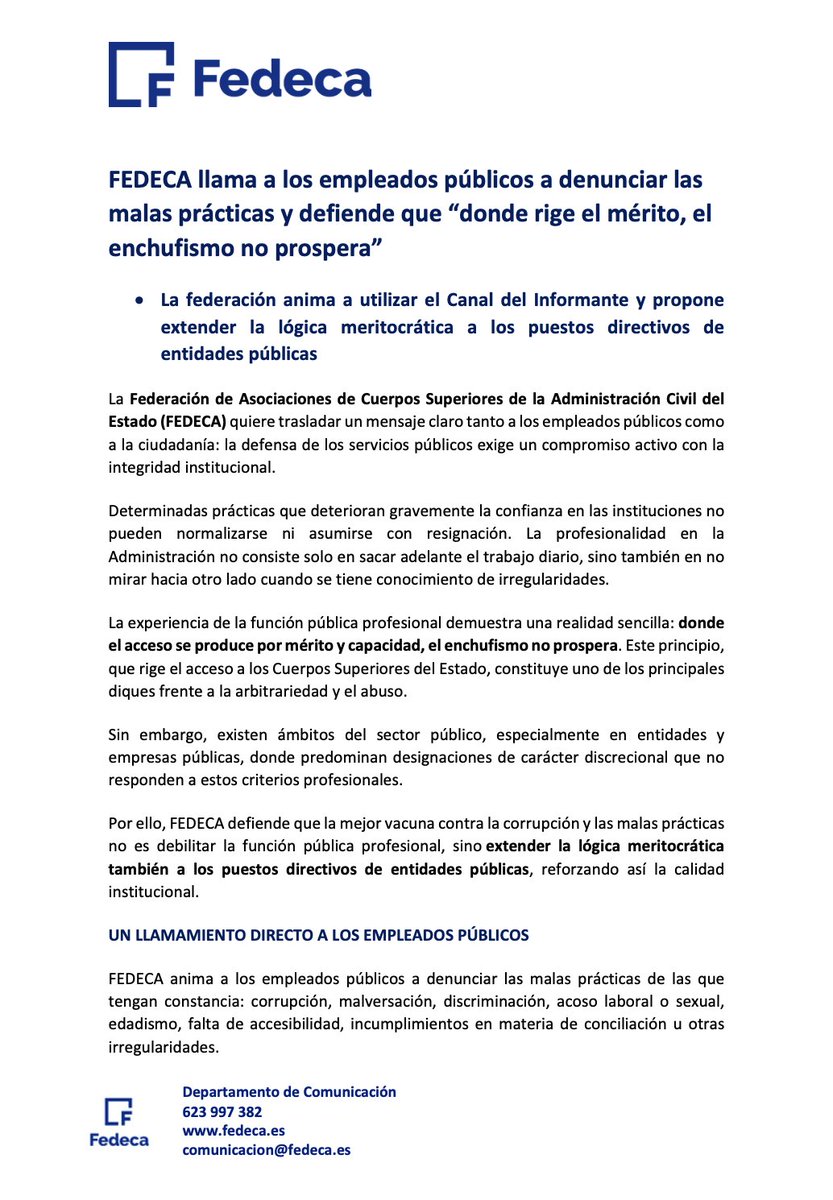 FedecaCentral's tweet photo. La profesionalidad en la Administración también es no callar ante las malas prácticas.

Desde FEDECA animamos a los empleados públicos a denunciar irregularidades a través de canales seguros.

Donde rige el mérito, el enchufismo no prospera.

📰Más info en https://t.co/f83h8kWKJy https://t.co/st1e8U9iCF